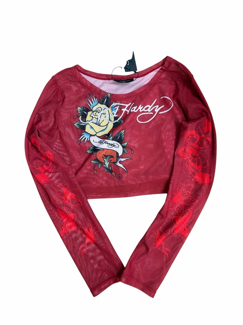 Ed Hardy red mesh cover-up beach skirt set XL rose tattoo rhinestone Y2K NWT - Picture 4 of 8